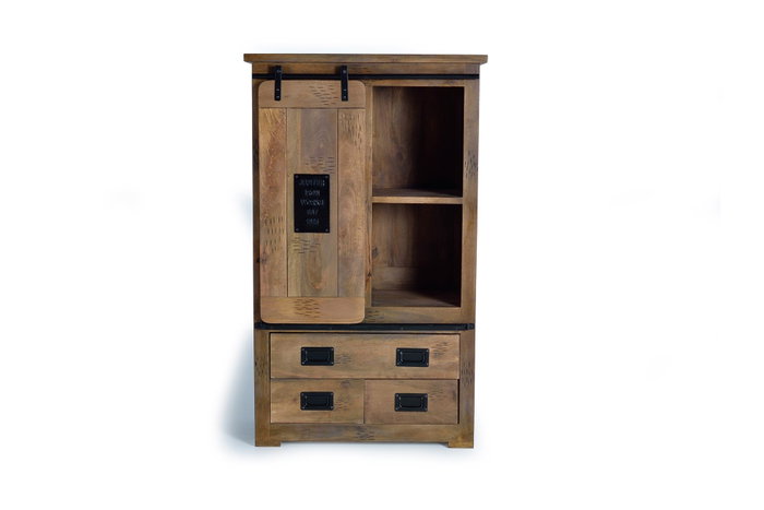 GINER Y COLOMER - Armoire Buffet Style Industriel en Bois de Manguier avec Détails Métal - Porte Coulissante, 3 Tiroirs - Dimensions 150x90x45 cm